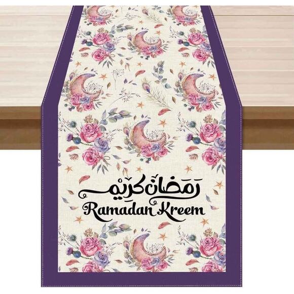 Unbranded Other - Ramadan Kareem Watercolor Moon Flower Table Runner Burlap Table Decoration , NEW